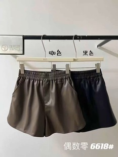 偶数零6618秋冬PU皮短裤女腰松紧休闲阔腿裤弧形开叉a字简约靴裤