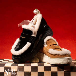 ShānRen 皮毛一体羊羔毛松糕厚度乐福鞋女毛毛鞋内增高小皮鞋女