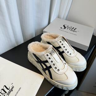 ShānRen 羊羔毛拖鞋女外穿秋冬新款内增高厚度半托鞋休闲毛毛鞋