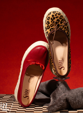 ShānRen芭蕾鞋厚底真皮浅口一脚蹬蝴蝶结休闲红色单鞋女鞋子高跟