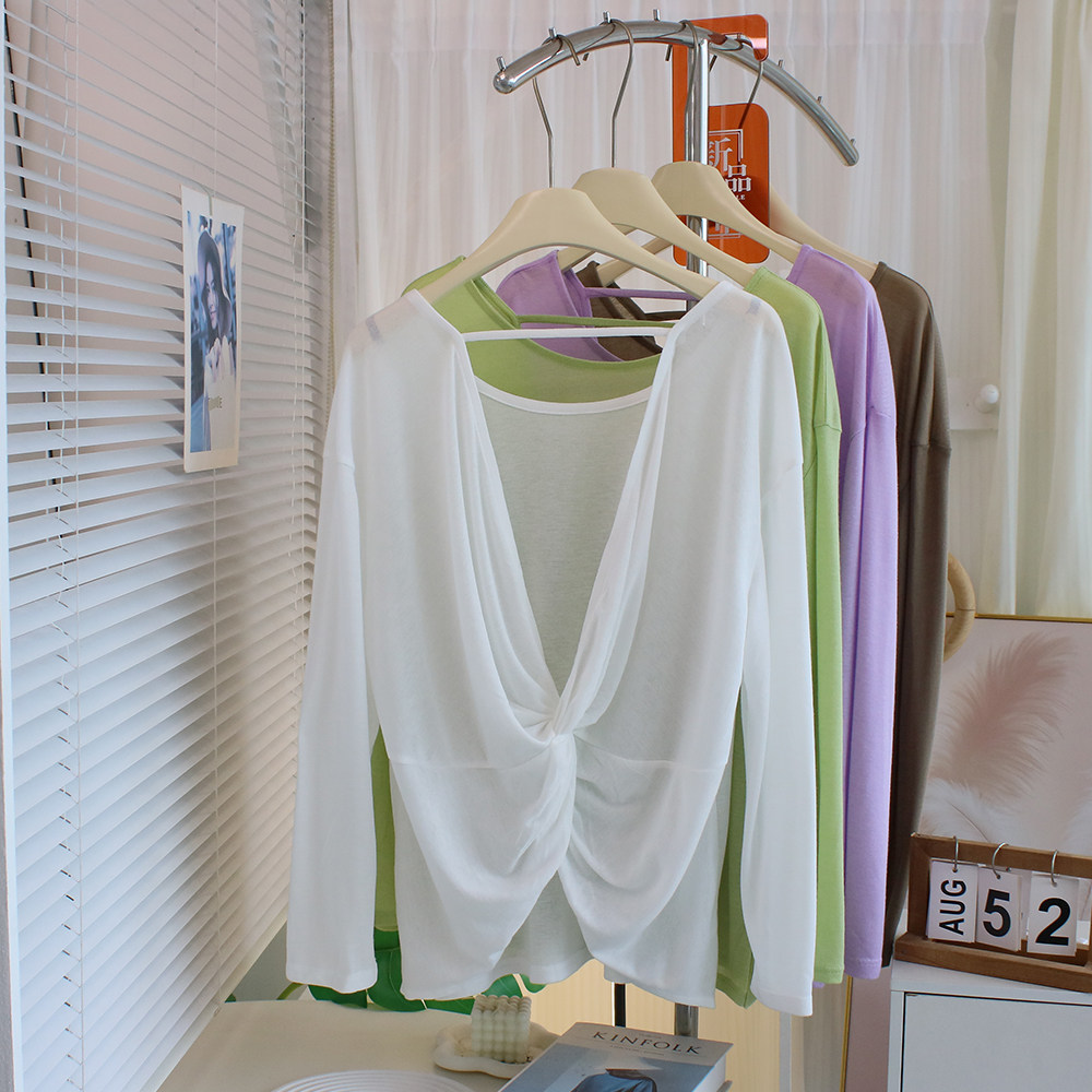 设计感~微透性感镂空露背长袖T恤女夏季宽松舞蹈服上衣薄款防晒衣