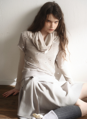今日艺术家原创雾光卡其灰色镂空针织叠穿堆堆领假两件上衣