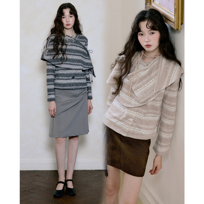 今日艺术家原创灰驼色复古围裹披肩费尔岛毛衣开衫外套