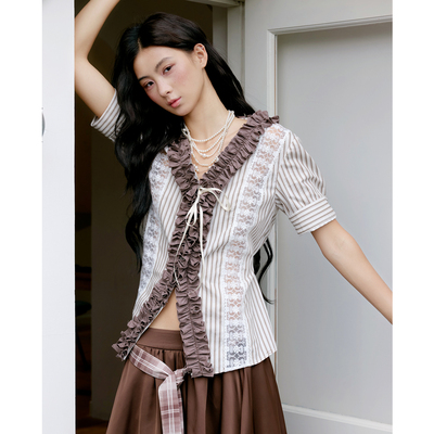今日艺术家原创棕色条纹花边领蕾丝拼接衬衫上衣