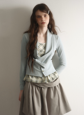 今日艺术家原创雾蓝深灰色少女复古学院风格纹假两件上衣