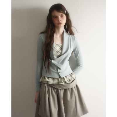 今日艺术家原创雾蓝深灰色少女复古学院风格纹假两件上衣