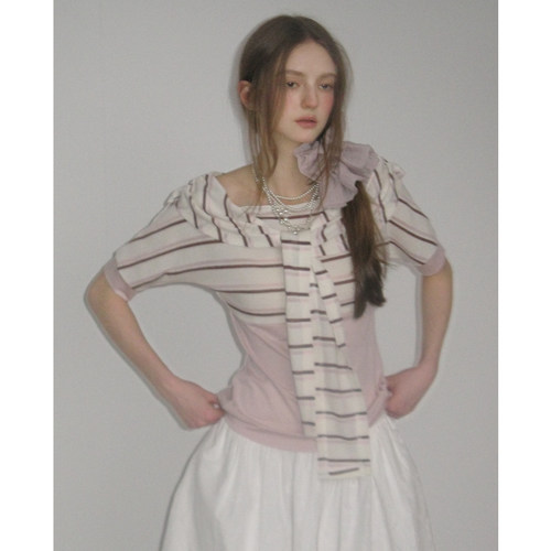 今日艺术家原创樱花粉莱赛尔醋酸少女 樱羽流光 条纹系带短袖上衣