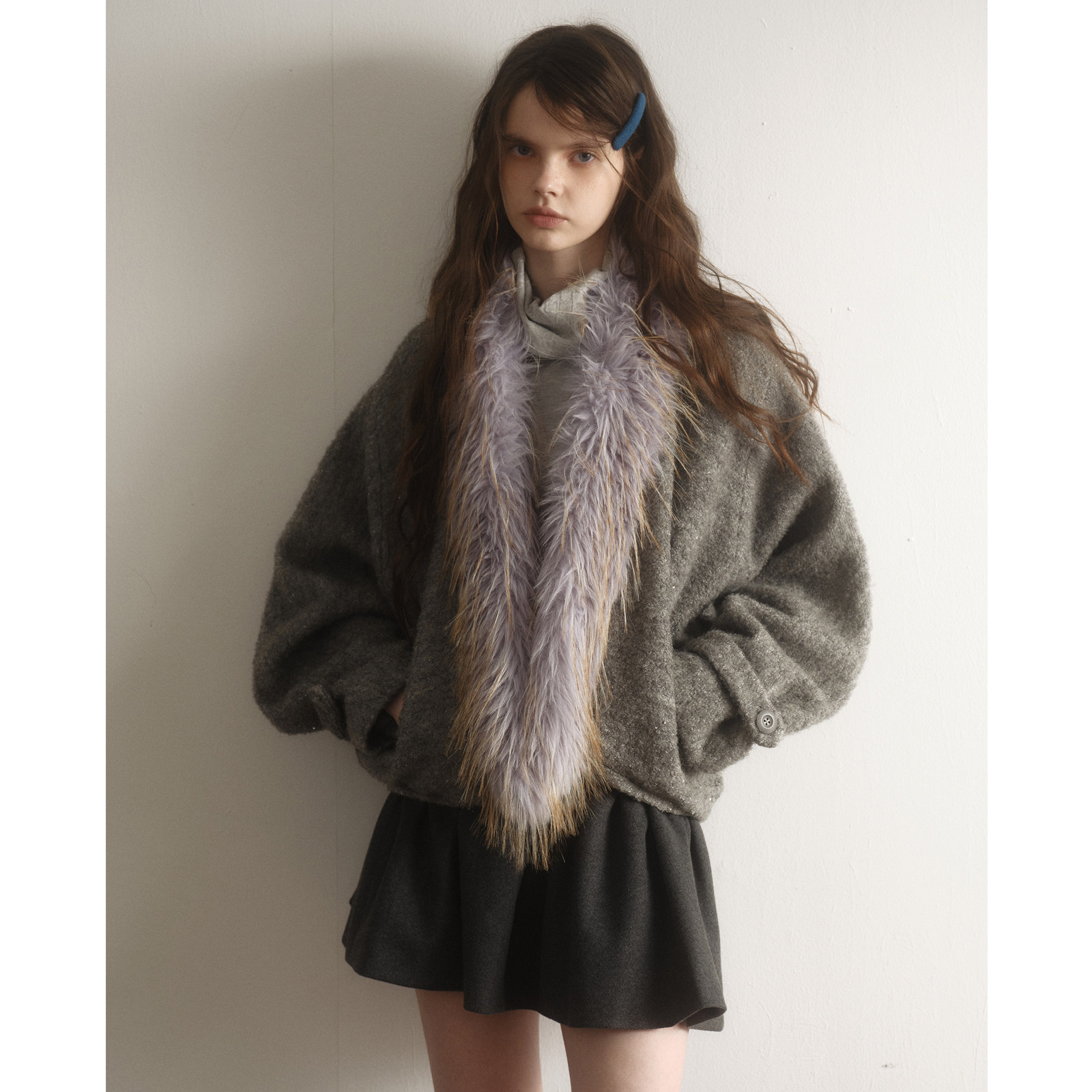 今日艺术家原创灰色36羊毛冬日雾感蝙蝠袖蓝紫色毛领茧形毛呢外套