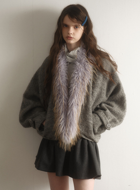 今日艺术家原创灰色36羊毛冬日雾感蝙蝠袖蓝紫色毛领茧形毛呢外套