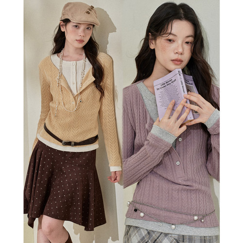 今日艺术家原创黄紫双色学院知识分子少女假两件针织长袖上衣