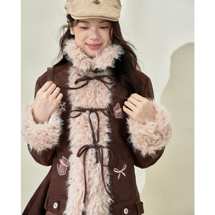 今日艺术家原创红棕色麂皮毛一体蝴蝶结小狗贴布绣短款外套