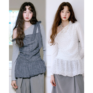 今日艺术家原创白蓝双色不对称波点格纹假两件蓬蓬裙上衣