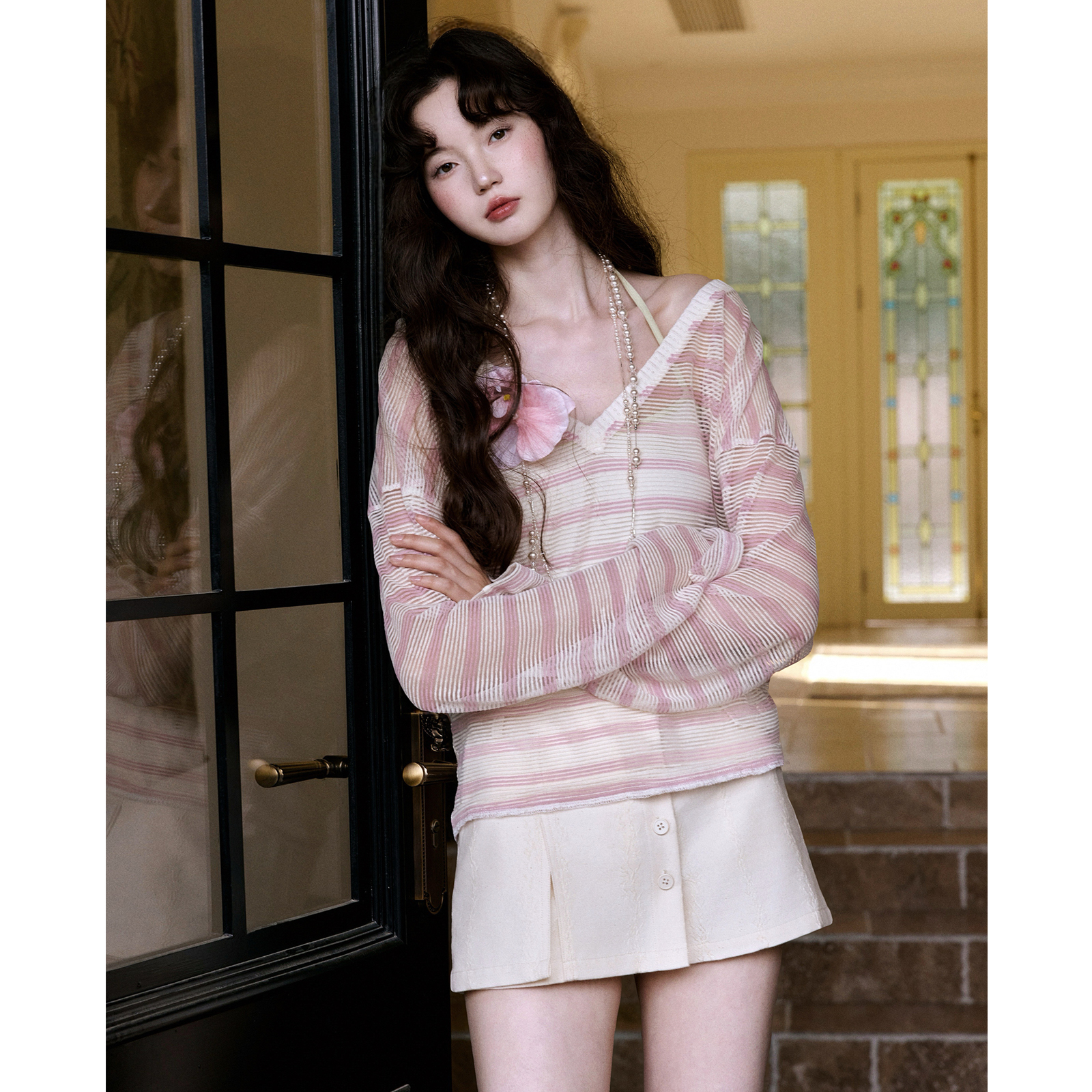 今日艺术家原创粉色新波西米亚条纹长袖罩衫白色镂空长半裙套装