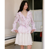 今日艺术家原创2025春夏粉色条纹荷叶边V领钻点领度假风衬衫 上衣