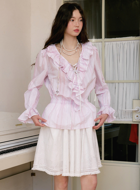 今日艺术家原创2025春夏粉色条纹荷叶边V领钻点领度假风衬衫上衣