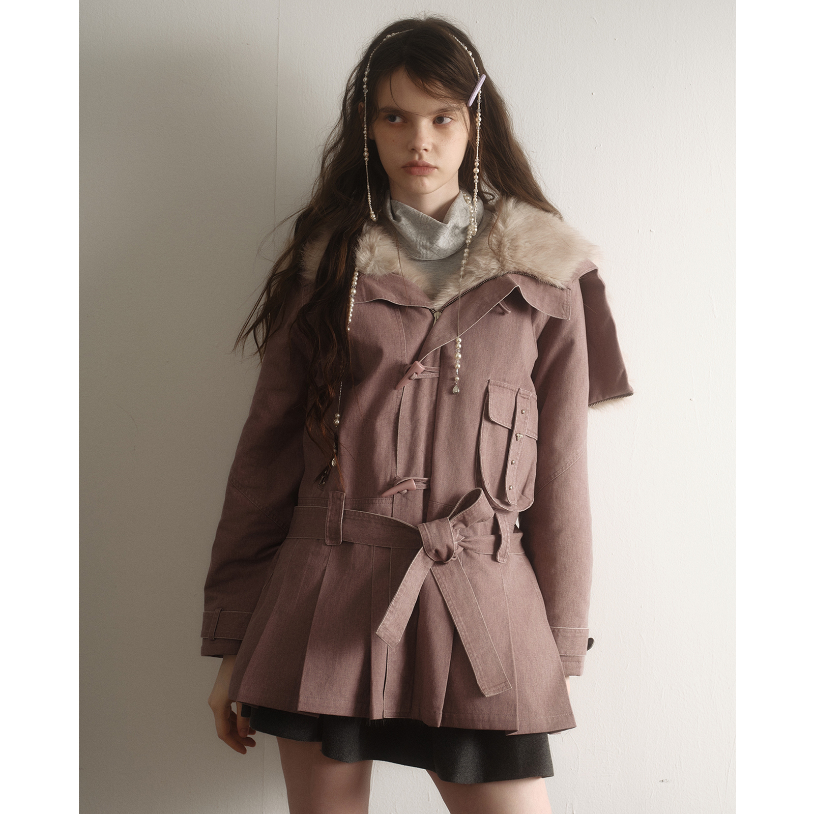 今日艺术家原创粉紫色洗水棉甜酷毛毛海军领工装棉服派克外套