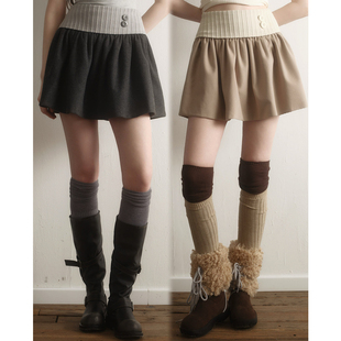 今日艺术家原创灰杏色少女俏皮复古高腰蓬蓬毛呢伞型A字短裙