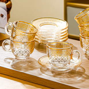 跨境北欧透明描金咖啡杯碟咖啡馆家用精致水杯拿铁杯玻璃茶杯套装