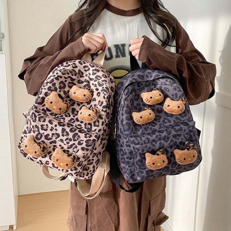 2025秋冬韩版洋气少女小背包女出游猫咪豹纹时尚双肩包可爱小书包
