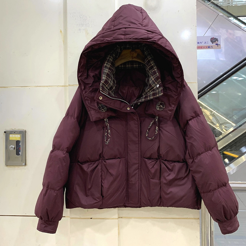 鑫红姿韵68 拼格子立领连帽休闲减龄加厚短装羽绒服欧洲站冬装女