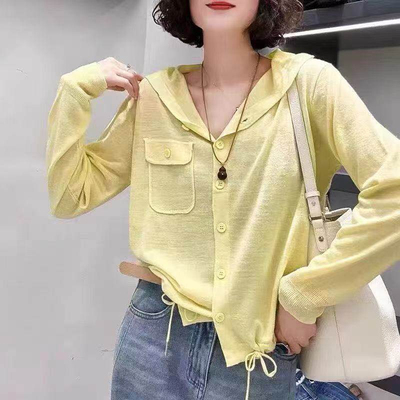 129-8513欧洲站时尚气质连帽下摆抽绳薄款亚麻针织开衫外套春季新