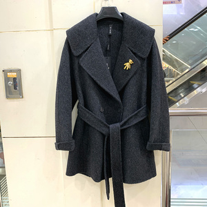 245D008 卡通小熊胸针系带收腰大西装领小个中长双面羊毛呢大衣冬