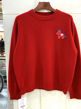 73-5106欧洲站冬季2025时尚圆领新年红色刺绣小马羊绒羊毛针织衫
