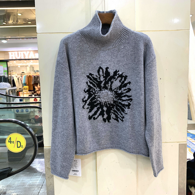 519-6138欧洲站秋冬2025时尚高领向日葵花休闲减龄绵羊毛针织毛衣