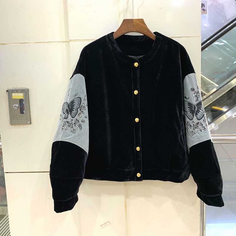 8277A 金属单排扣串珠蝴蝶刺绣牛仔拼接袖圆领夹棉丝绒外套棉衣冬