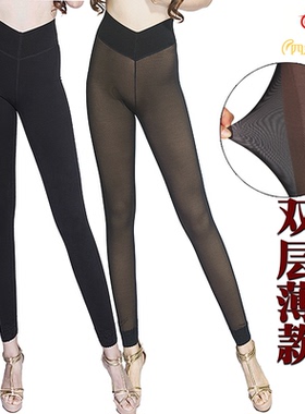 四季牡丹正品保暖裤薄款女春秋季双层网纱高腰外穿修身打底裤C001