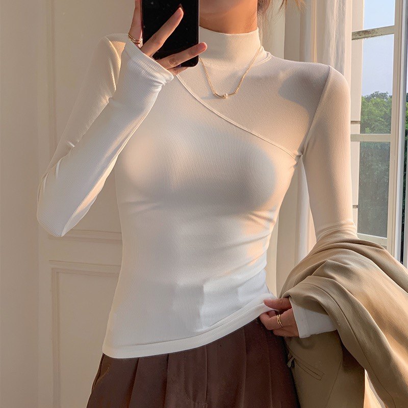 women winter half turtleneck inner layer top tight t-shirt