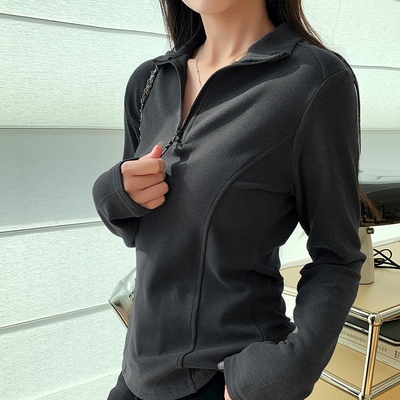 women  winter half-zip top grey velvet t-shirt long sleeve