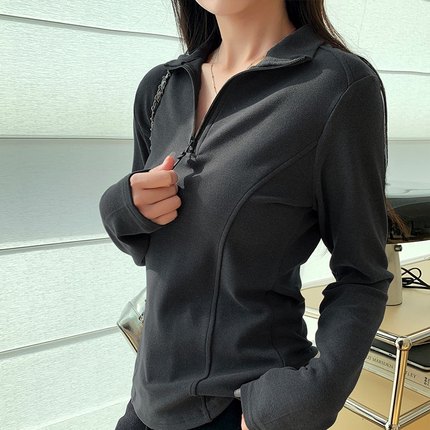 women  winter half-zip top grey velvet t-shirt long sleeve