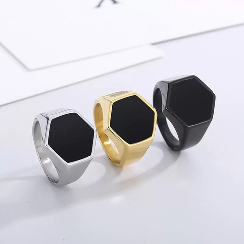 Men rings hexagon hip-hop golden stainless steel fashion2026