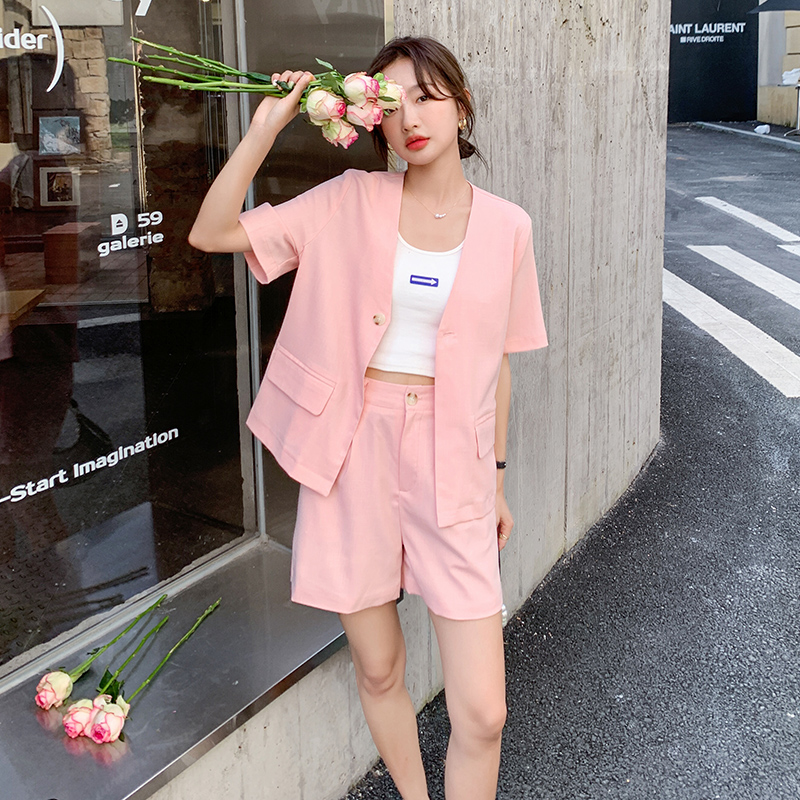 【】2022夏季粉色西装松紧短裤套装202-K18-P115控168，女装套装/套裙，浙宝206A（原202）