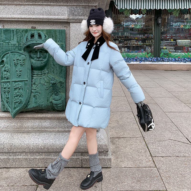 韩系chic蓝色羽绒服女冬2025超火好看高级小众漂亮中长款加厚外套,女装羽绒服,2B196