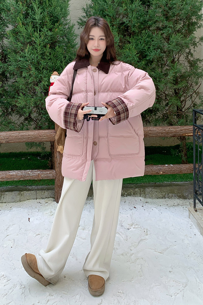 粉色格子拼接羽绒服外套女冬2025新款时尚减龄洋气显瘦保暖白鸭绒,女装羽绒服,2B196
