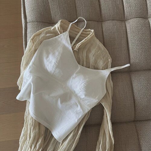 白色亚麻美背吊带文胸一体背心女夏季薄款透气美背内衣衬衫内搭