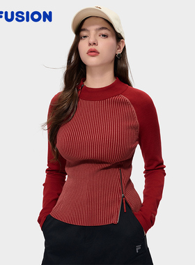 FILA FUSION斐乐潮牌女子编织衫2026春新款红色修身拼接套头毛衣