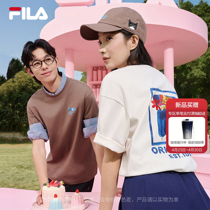 FILA斐乐情侣针织短袖衫女2026夏新款男休闲宽松狗狗猫咪刺绣T恤
