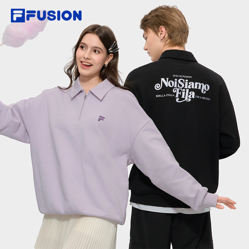 FILA FUSION斐乐潮牌情侣款套头加绒卫衣2025秋新款宽松翻领上衣