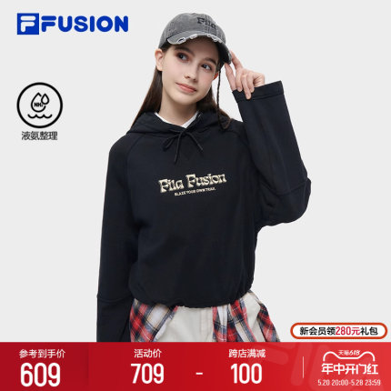 FILA FUSION斐乐潮牌女子连帽卫衣2024春季新款纯棉宽松针织上衣