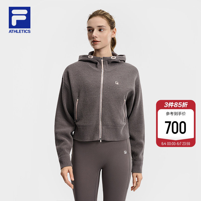 FILA 斐乐官方女士编织外套2026春新款健身运动宽松连帽毛衣外套
