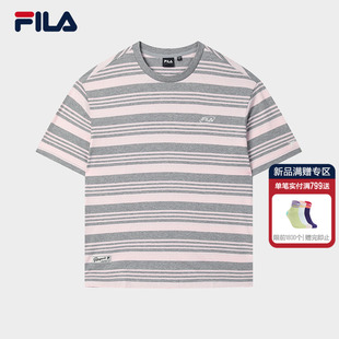 斐乐官方情侣款 衫 FILA 针织短袖 休闲纯棉宽松条纹T恤 2025秋季 新款