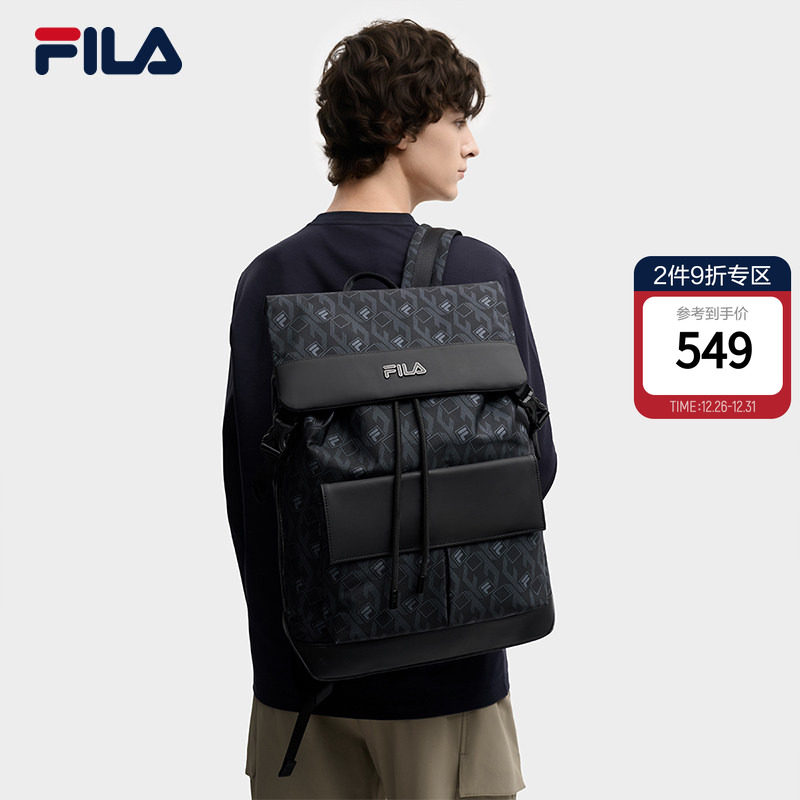 黑武士|FILA 斐乐官方男士背包休闲翻盖通勤双肩包书包电脑包挎
