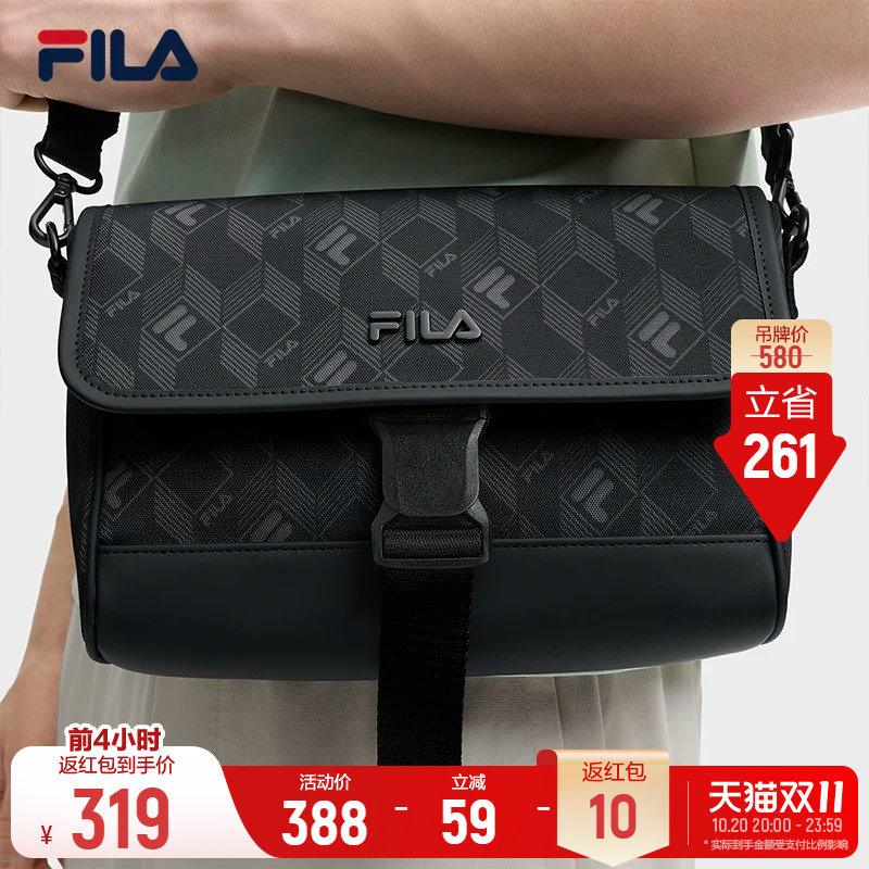 斐乐黑武士丨FILA挎包男通勤男包黑色防泼水老花单肩休闲斜挎包包