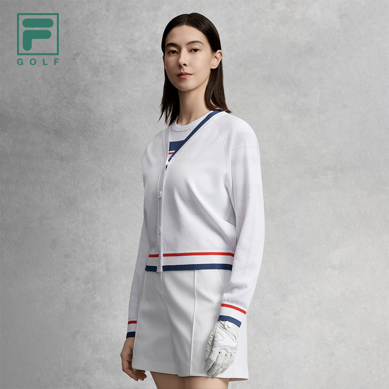 FILA 斐乐官方女士编织外套2026夏新款高尔夫运动舒适V领开