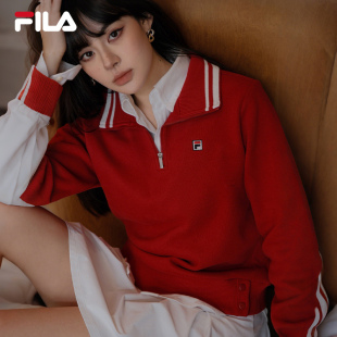 FILA斐乐官方女子套头卫衣2026春新款 上衣 红色半开襟舒适针织长袖