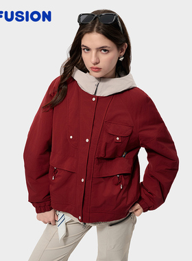 FILA FUSION斐乐潮牌棉服女2026春新款休闲宽松红色外套连帽夹克