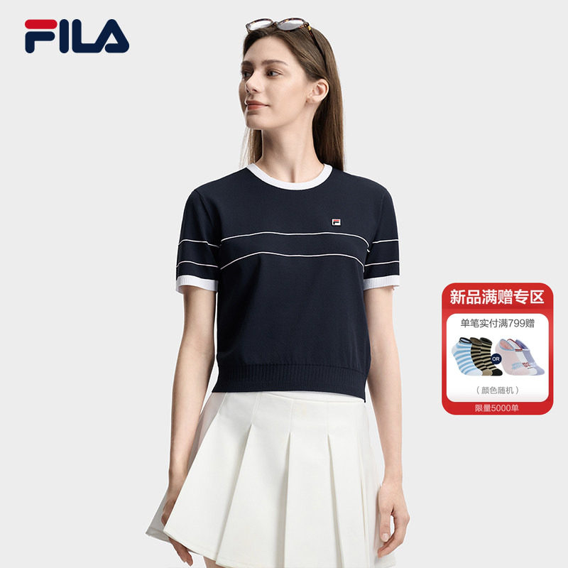 FILA 斐乐官方女子编织衫2026夏季新款简约基础短袖T上衣撞色短装